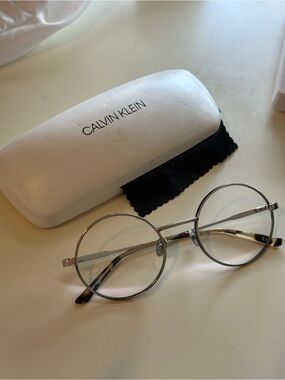 Calvin Klein Silver Round Metal Eyeglasses with Tortoiseshell Temples